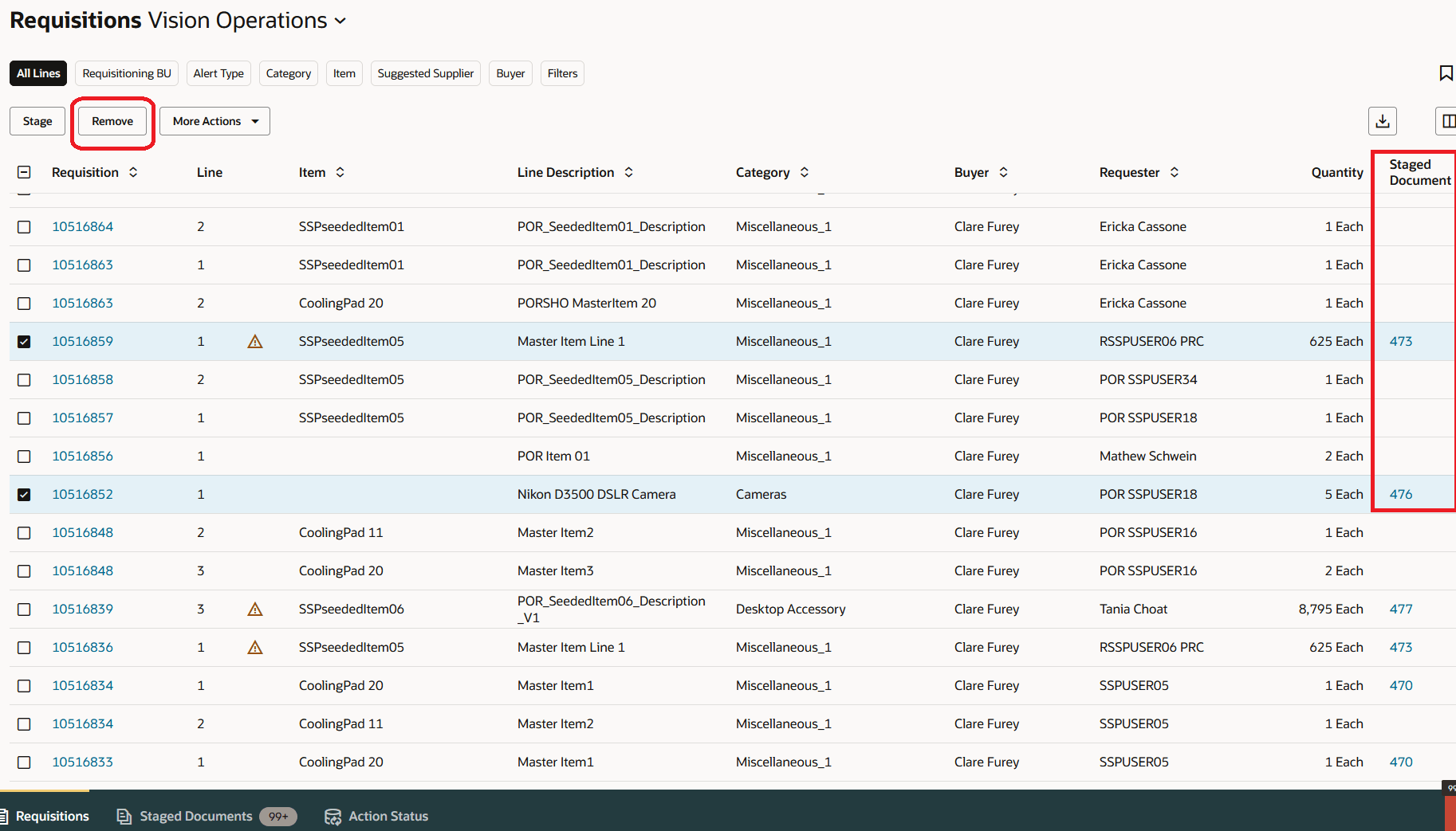 ステージング済文書からの購買依頼明細の削除