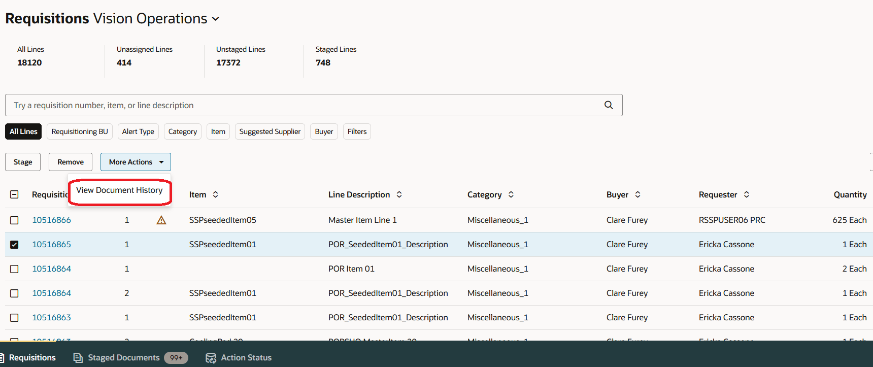 購買依頼明細の文書履歴の表示