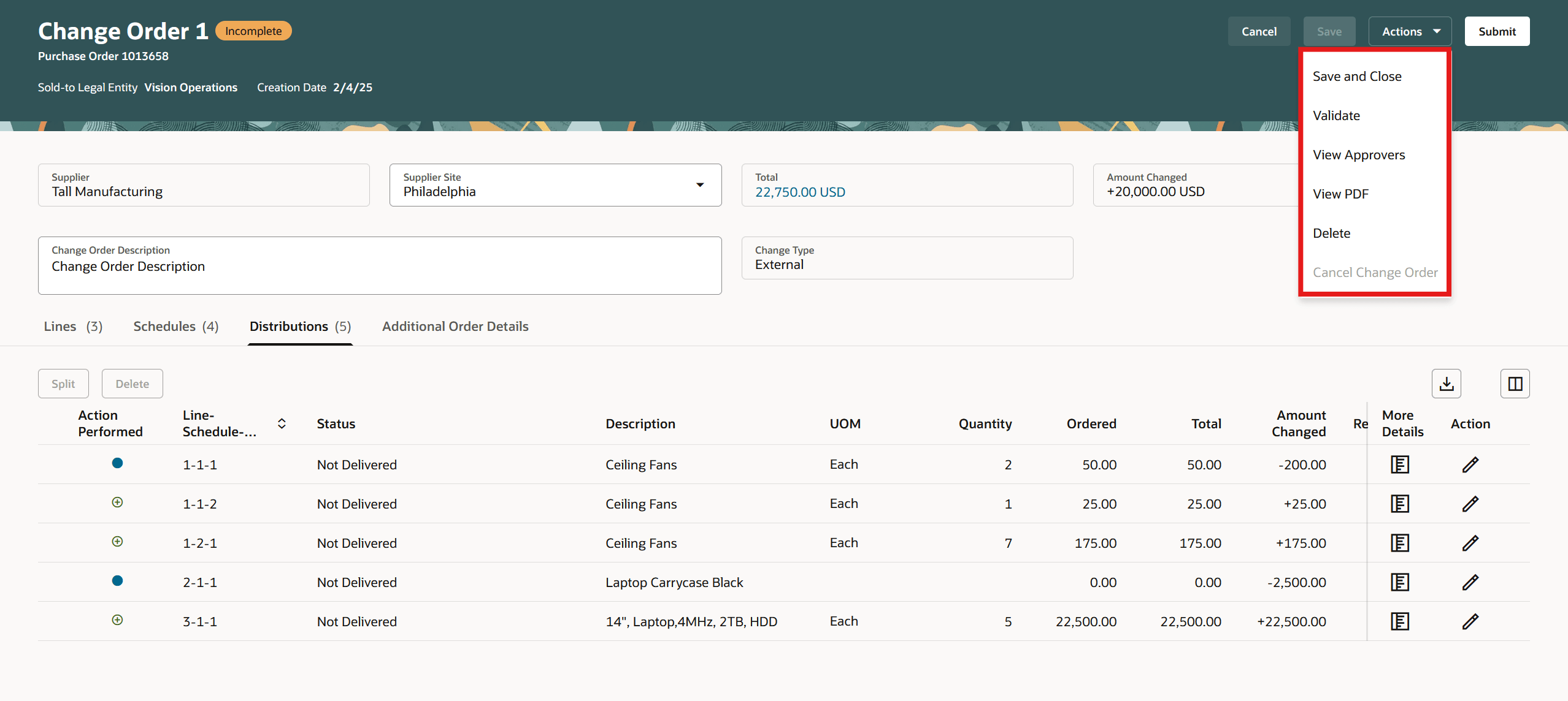 「変更オーダーの編集」の処理