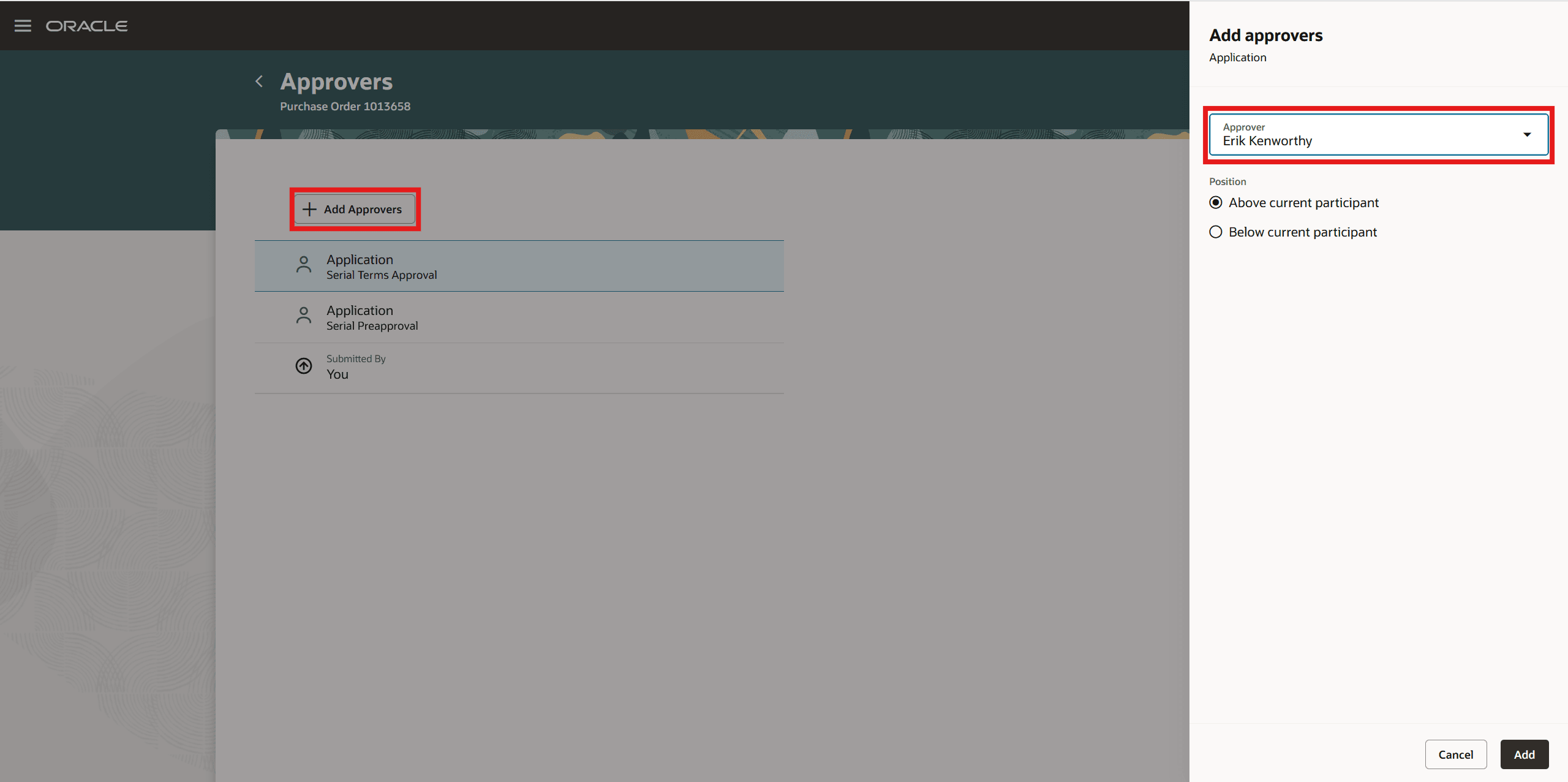 「承認者の追加」ボタンを使用した変更オーダーへのアドホック承認者の追加