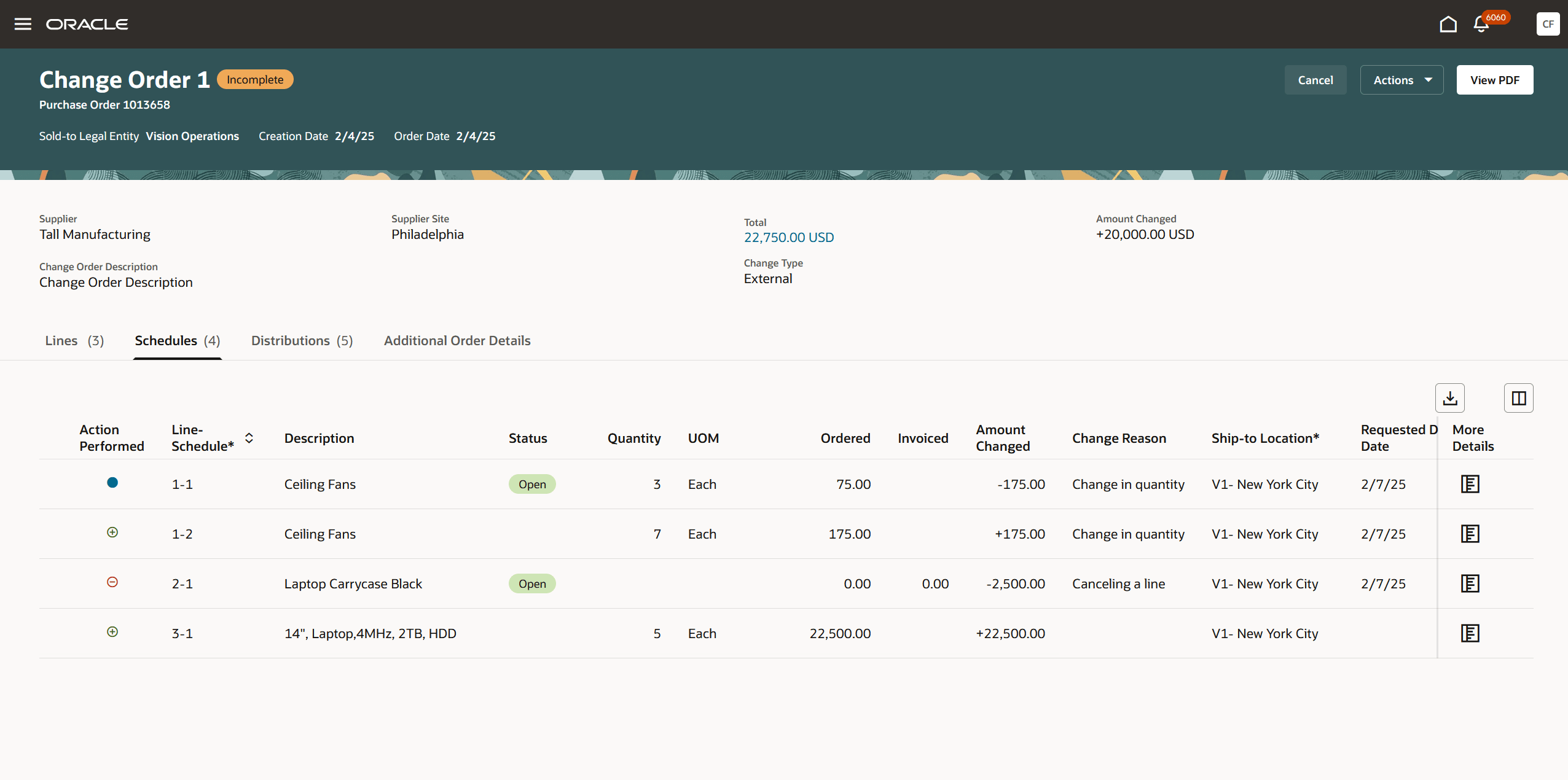 「変更オーダーの表示」の変更オーダーの「スケジュール」セクション