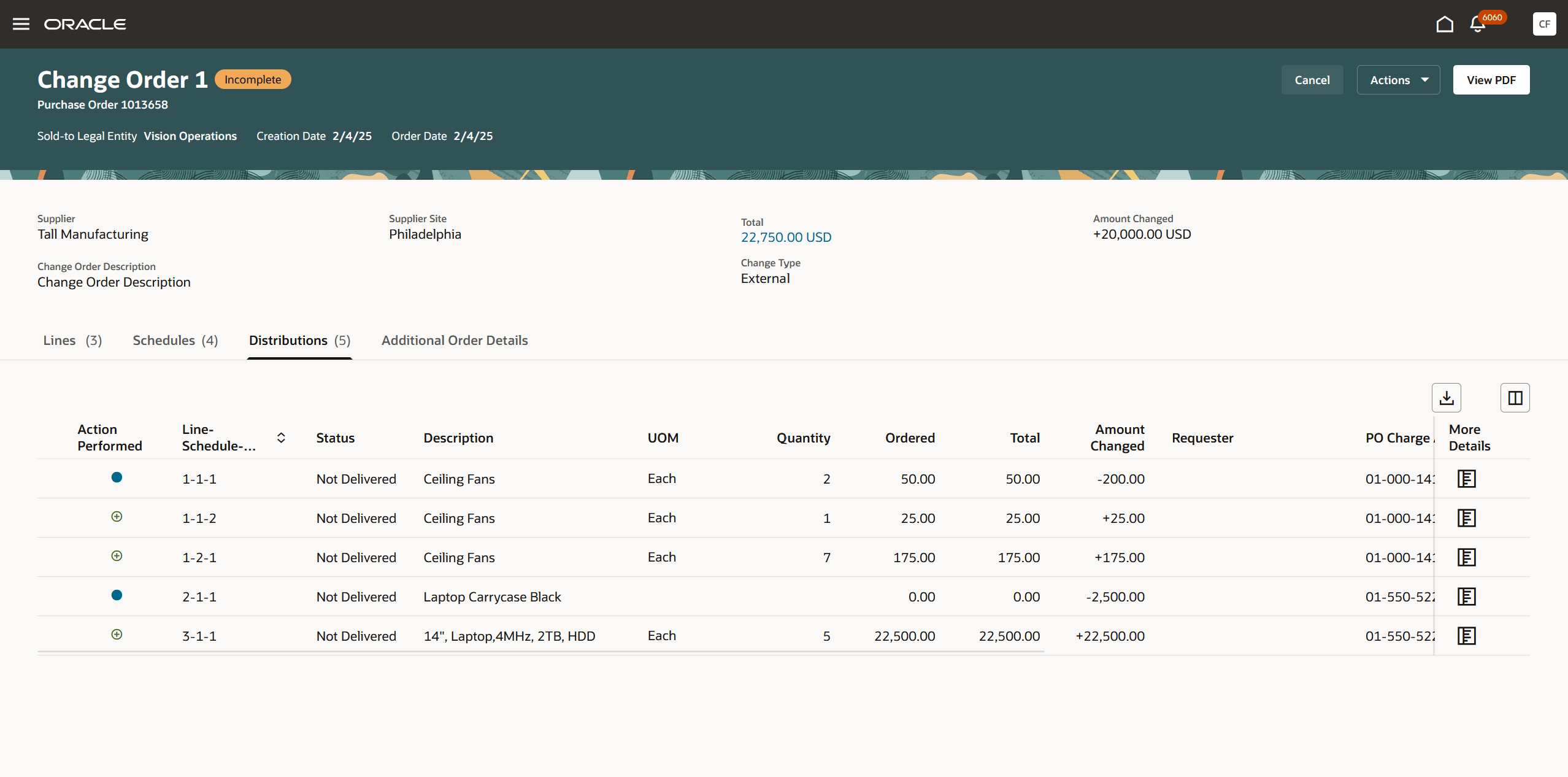 「変更オーダーの表示」の変更オーダーの「配分」セクション