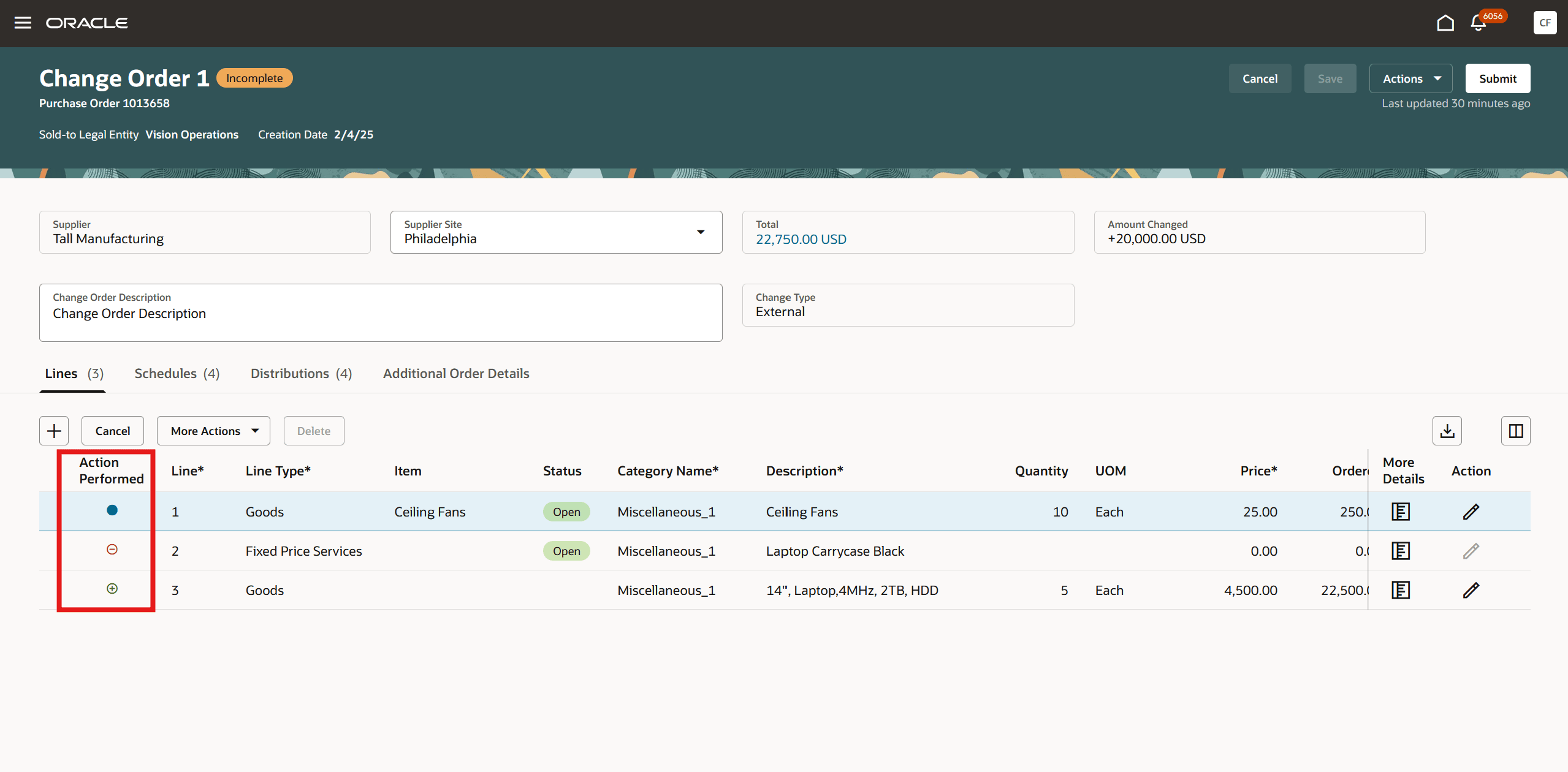 変更オーダーの「明細」セクションの「実行された処理」アイコン