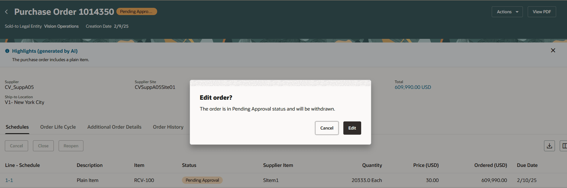 「承認待ち」ステータスの購買オーダーが編集されたときに表示される警告メッセージ