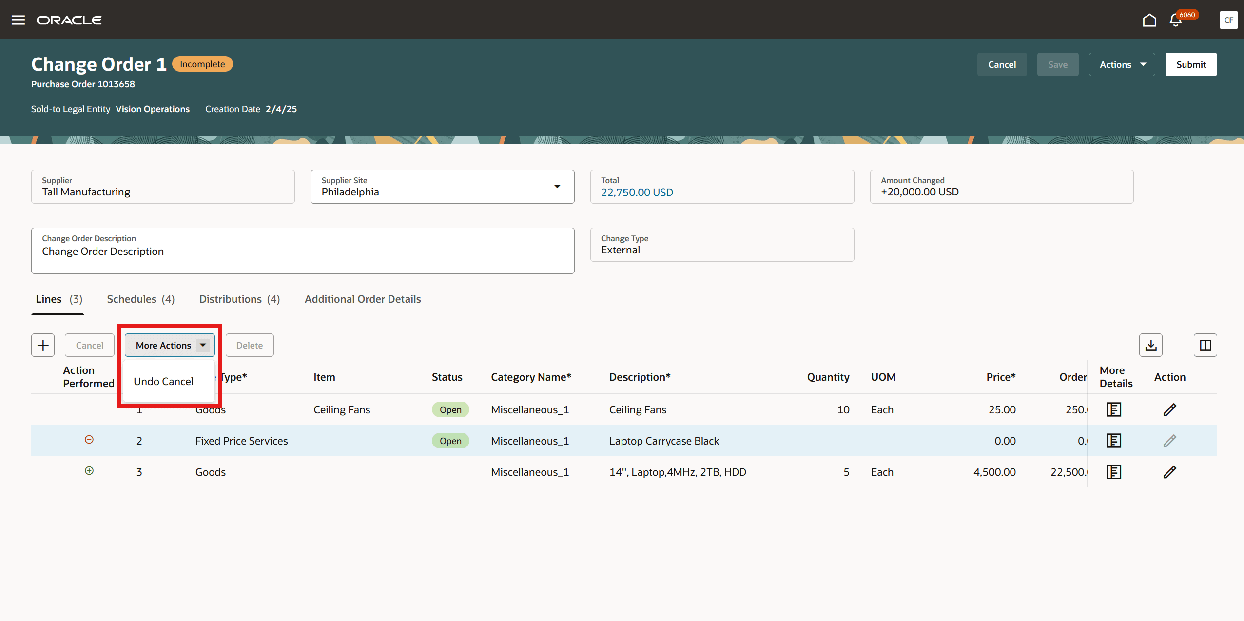 「取消を元に戻す」ボタンを使用して変更オーダー明細の変更を元に戻す