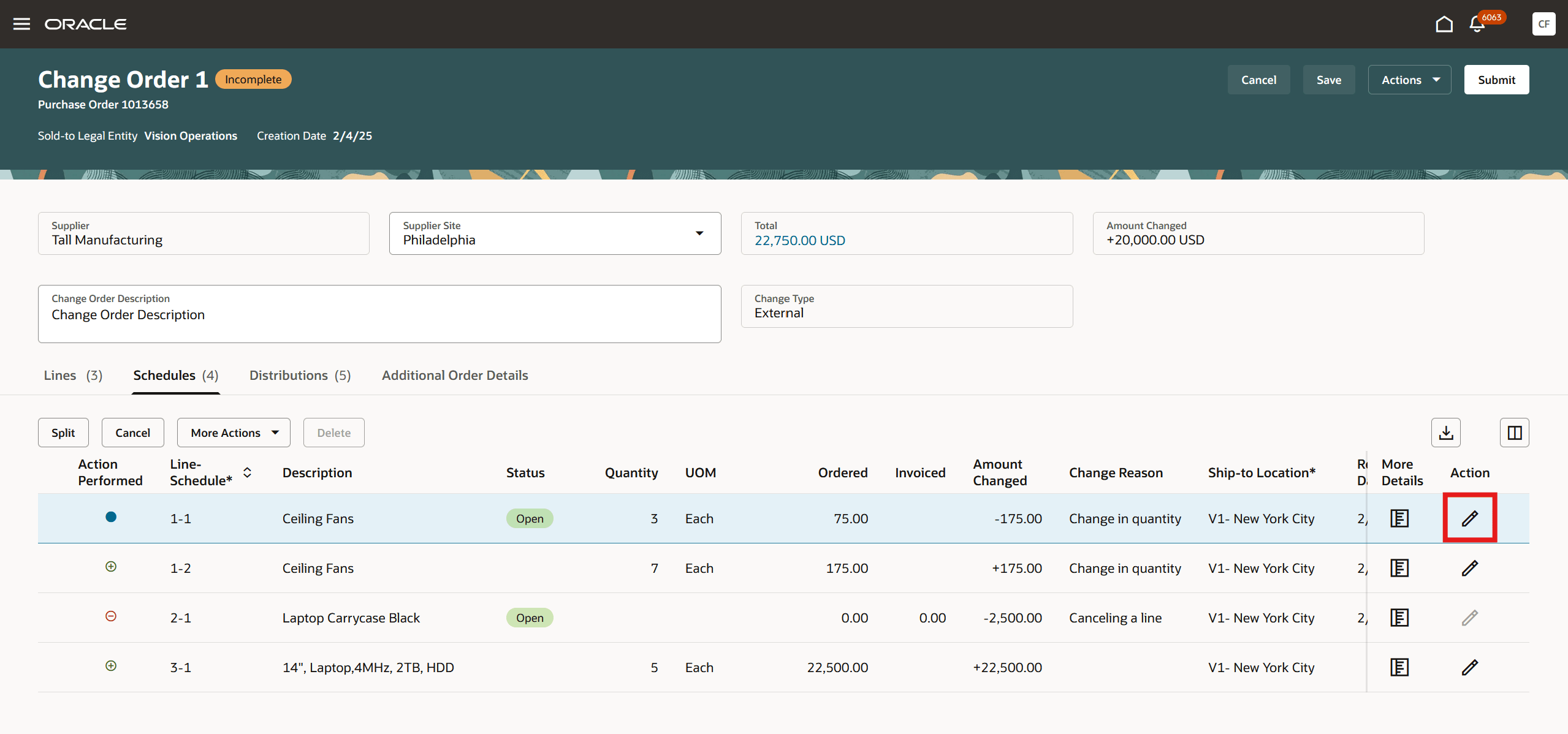  行レベルの編集オプションを使用した変更オーダー・スケジュールの編集