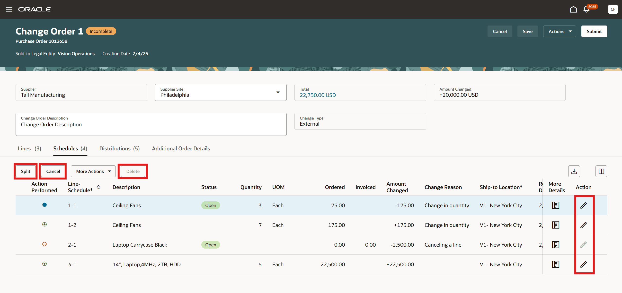 購買オーダー・スケジュールの分割、削除および行レベルの編集オプション