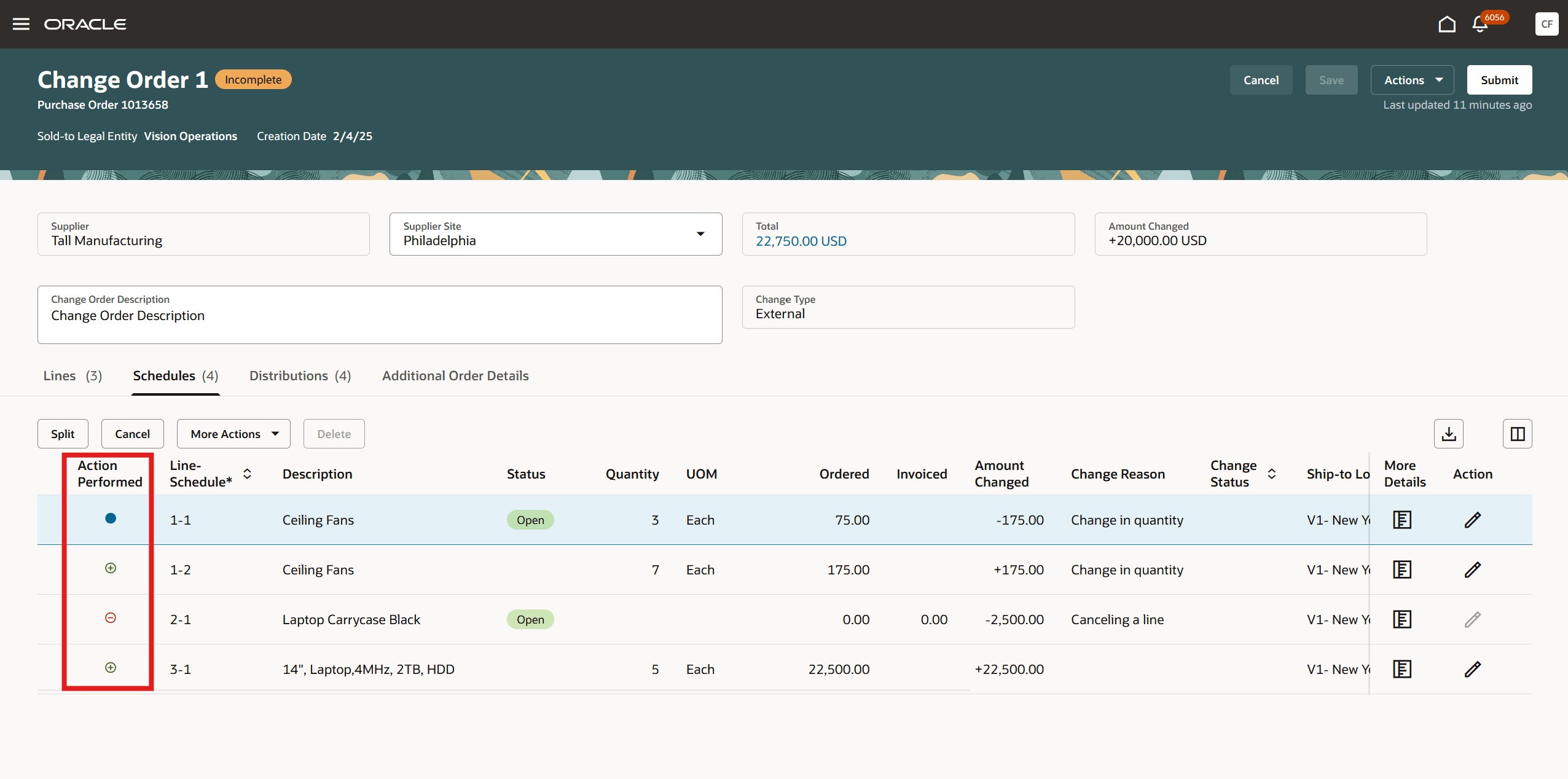 変更オーダーの「スケジュール」セクションの「実行された処理」アイコン