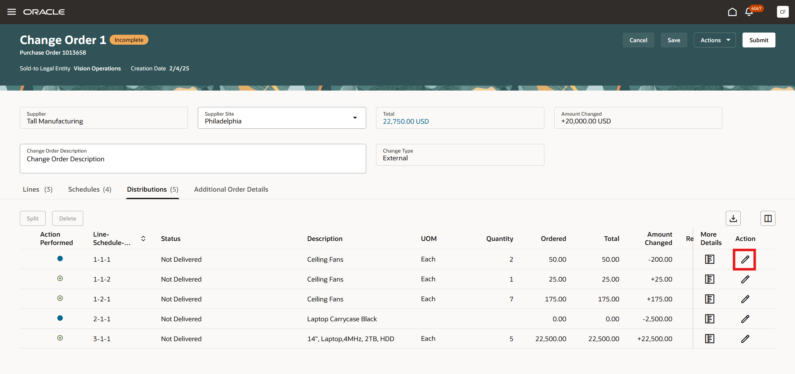 行レベルの編集オプションを使用した変更オーダー配分の編集