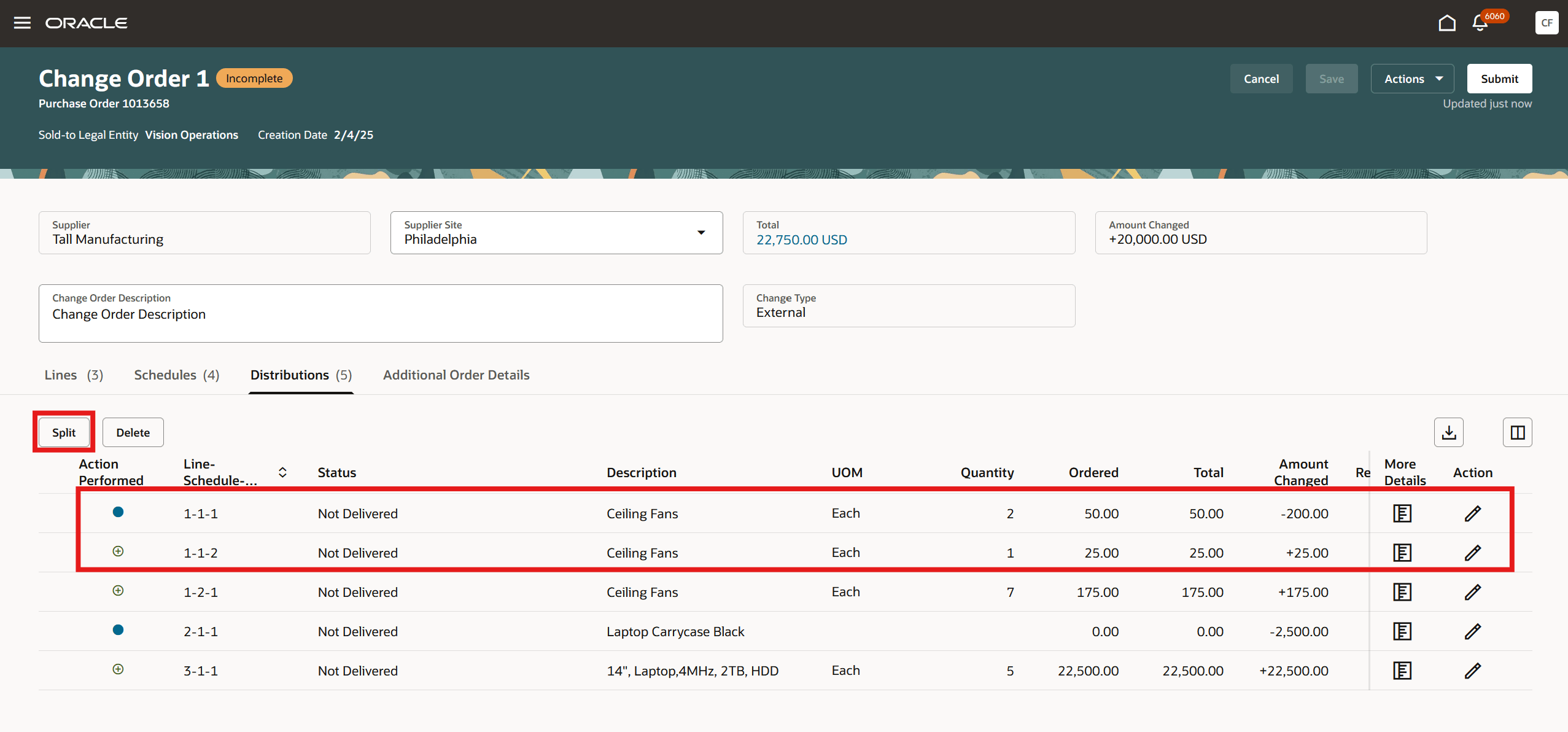 原価を複数の購買オーダー借方勘定に割り当てるために既存の配分を分割して作成された複数の変更オーダー配分