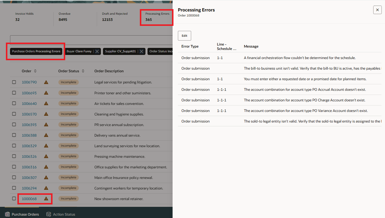 処理エラーのある購買オーダー
