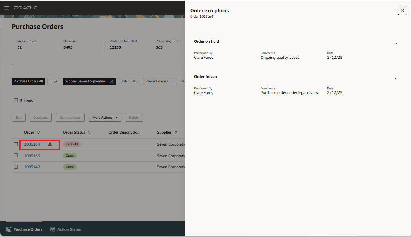 その他の例外がある購買オーダー