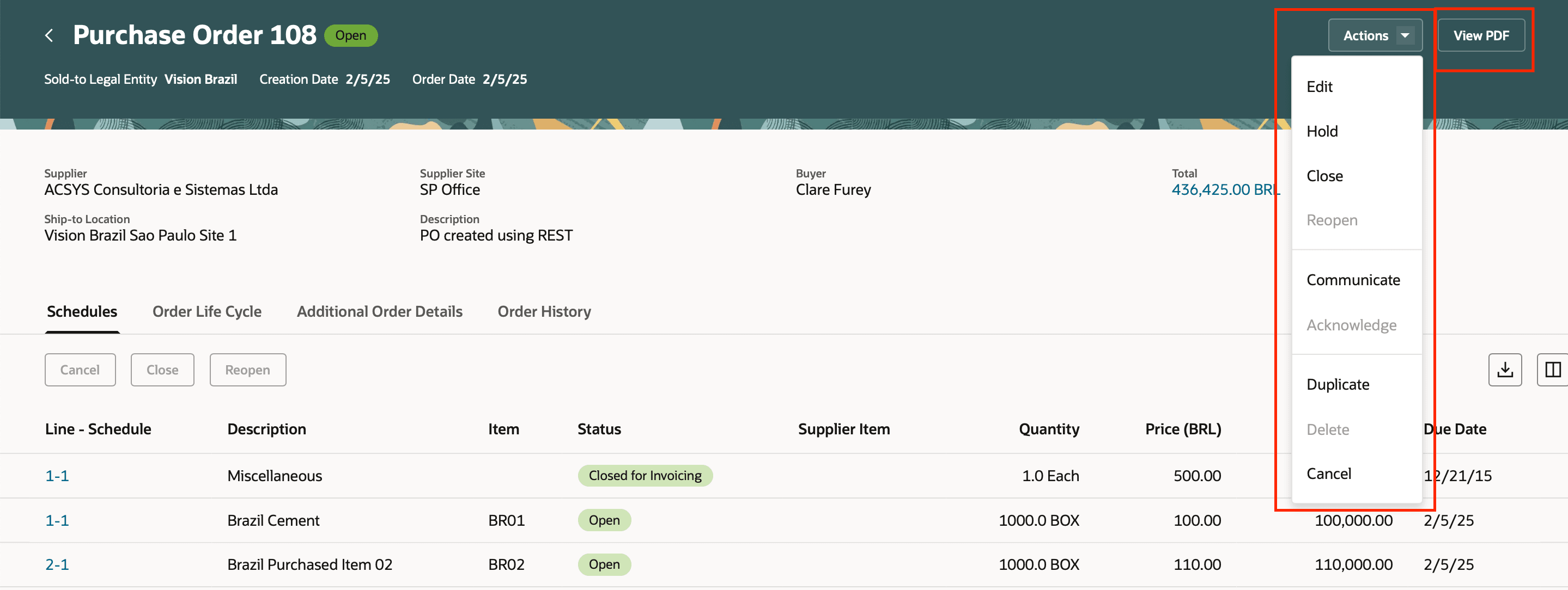購買オーダーの表示からの処理