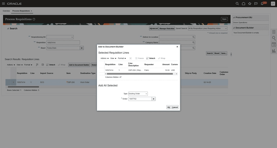 既存オーダー検索でのオープン購買オーダーの表示