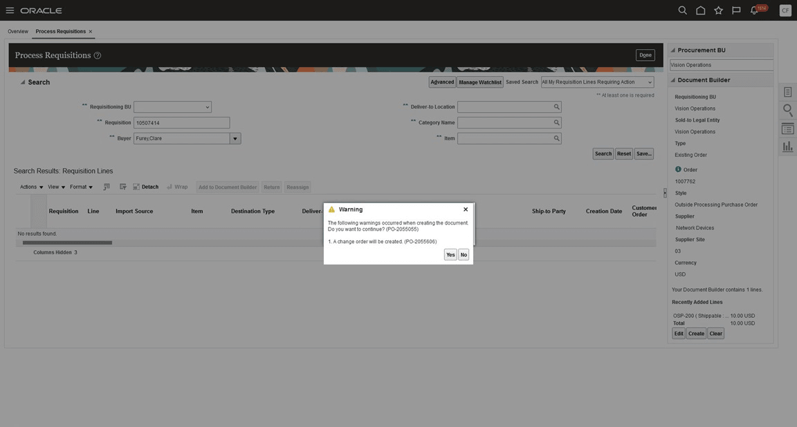 外注加工購買依頼明細を既存のオープン購買オーダーに追加するときに変更オーダーが作成されます