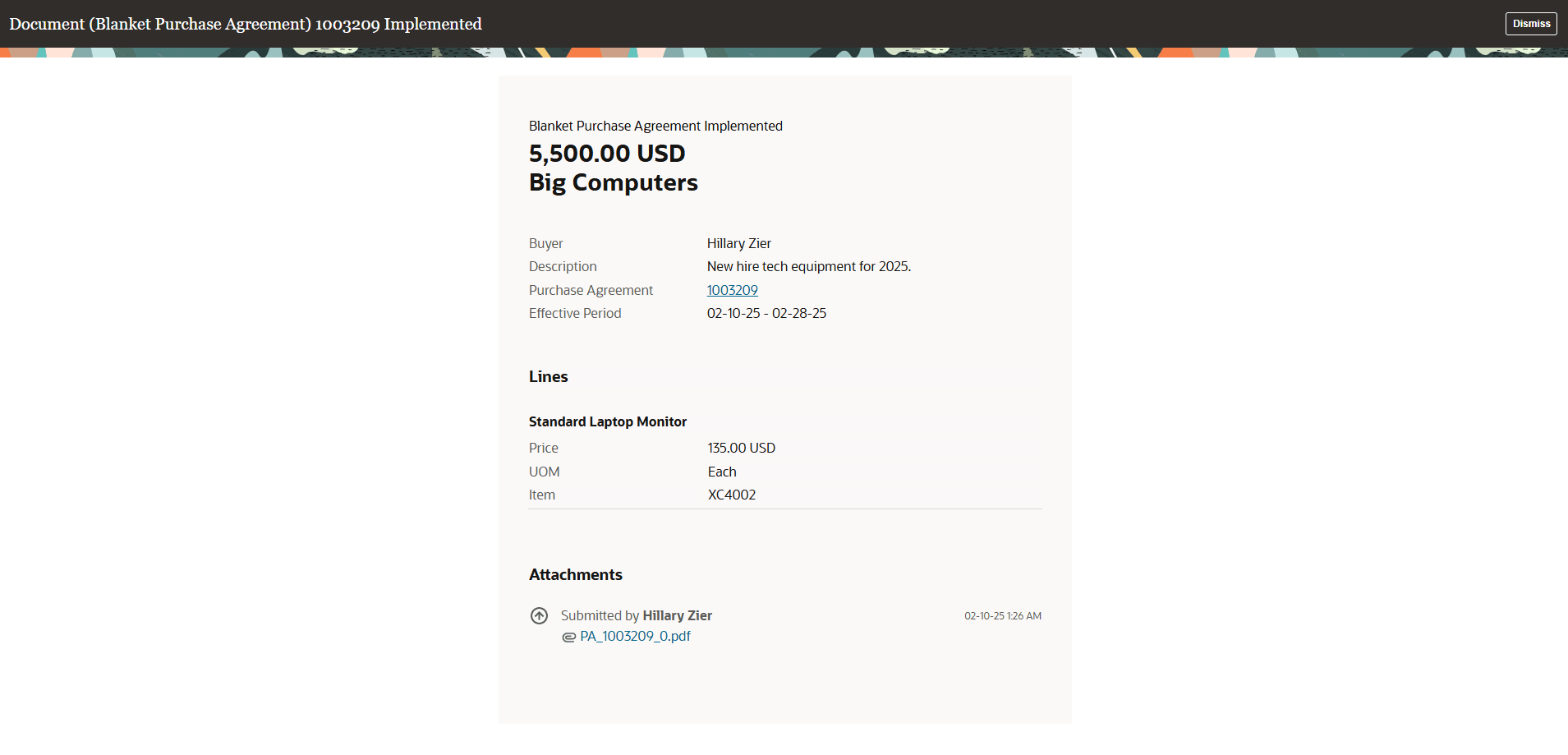 購買契約実装済FYI通知