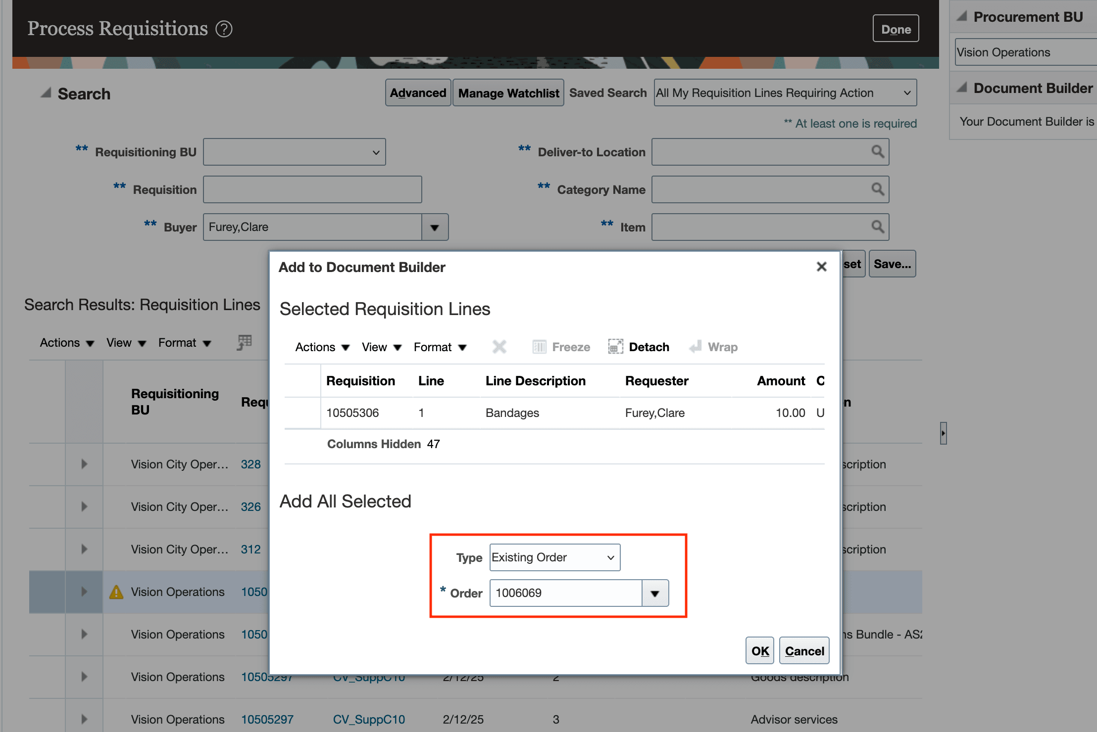 購買依頼の処理での既存の特別処理オーダーへの特別処理購買依頼明細の追加