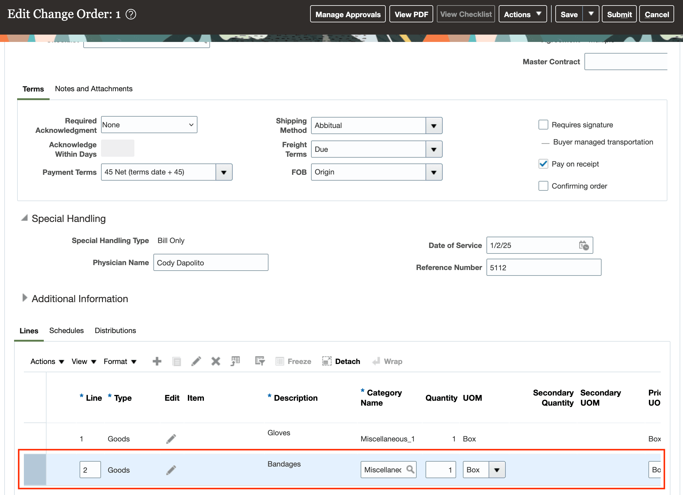 オーダーに追加された特別処理購買依頼明細