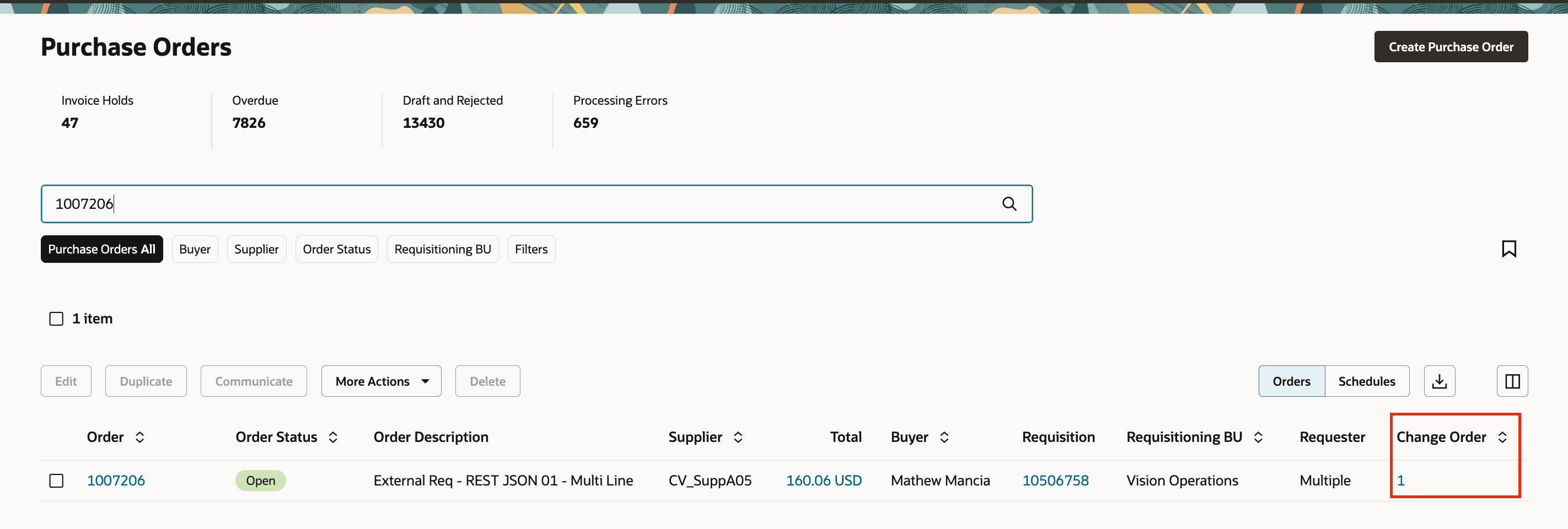 バイヤーのワークベンチからの変更オーダー