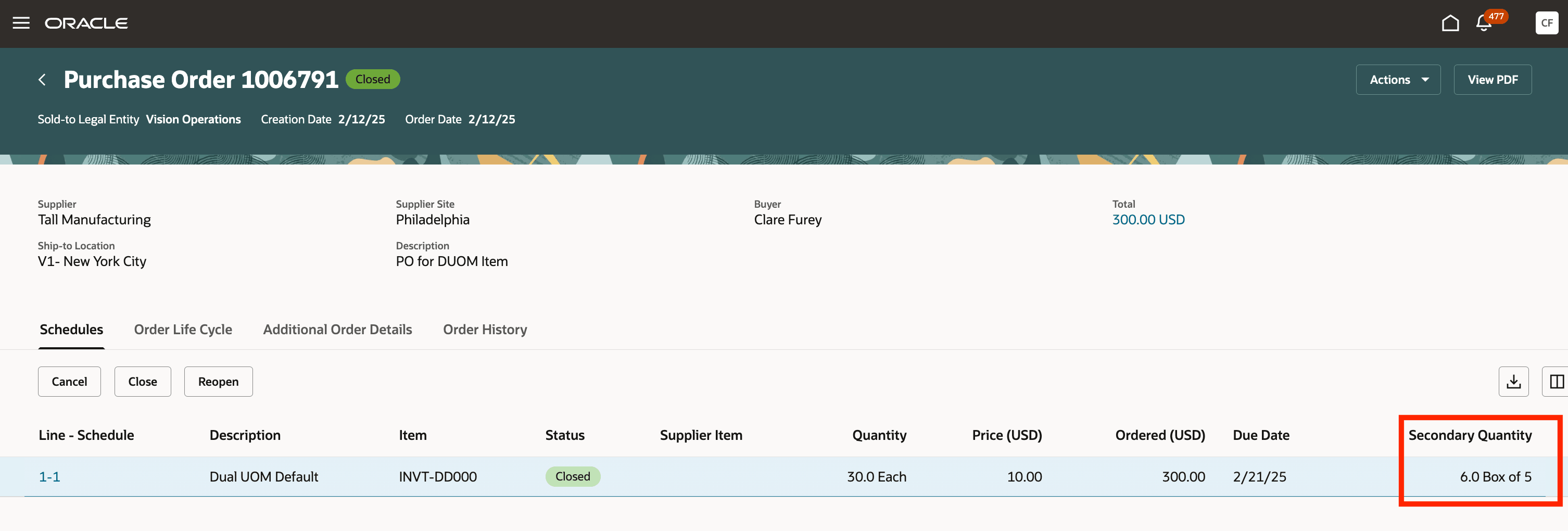 「購買オーダーの表示」ページのセカンダリ数量