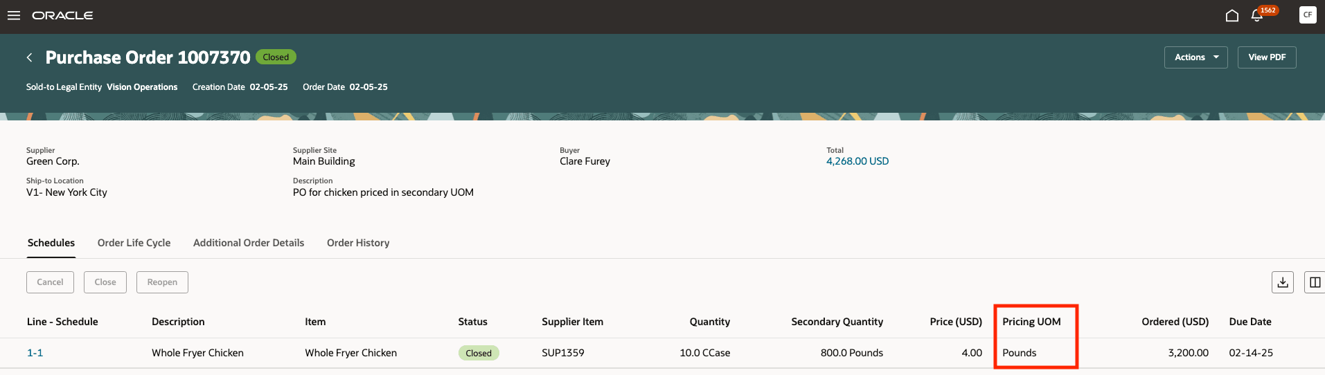 価格設定単位を示す購買オーダー「明細 - スケジュール」表の表示