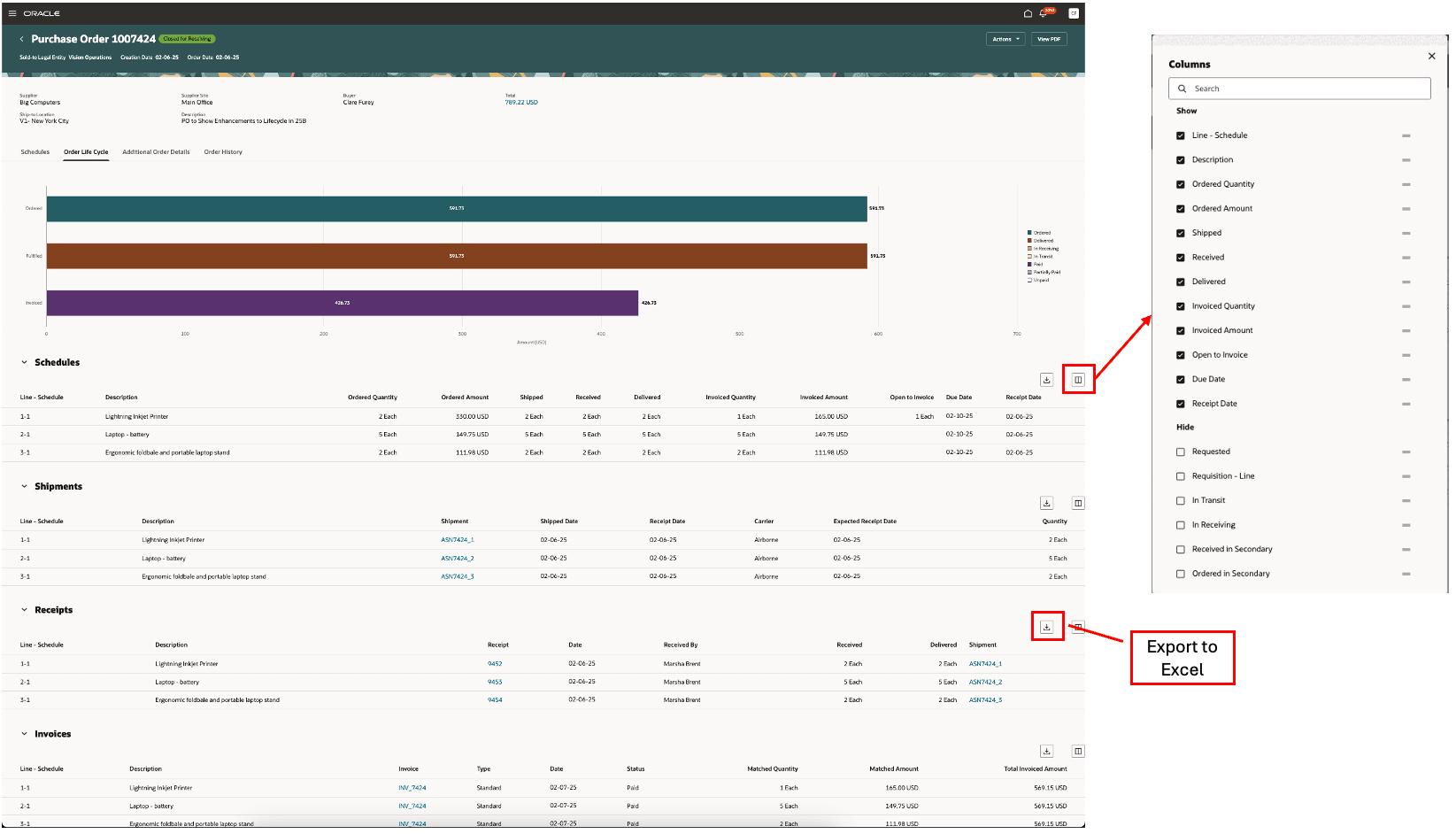 列の非表示/表示およびExcelへのデータのエクスポート