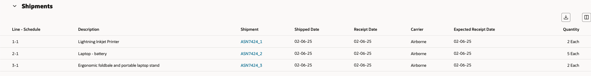 新しい属性が表示された「出荷」表