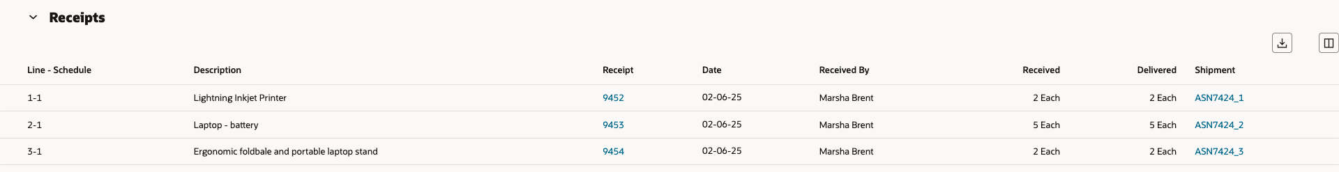 新しい属性が表示された「受入」表
