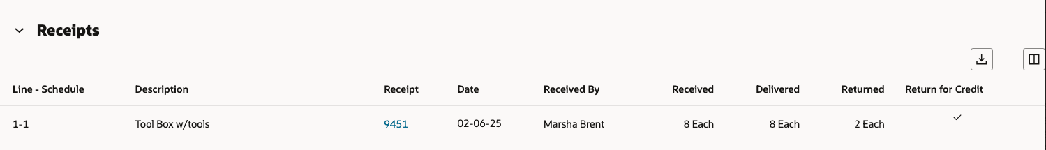 クレジット返品が表示された「受入」表
