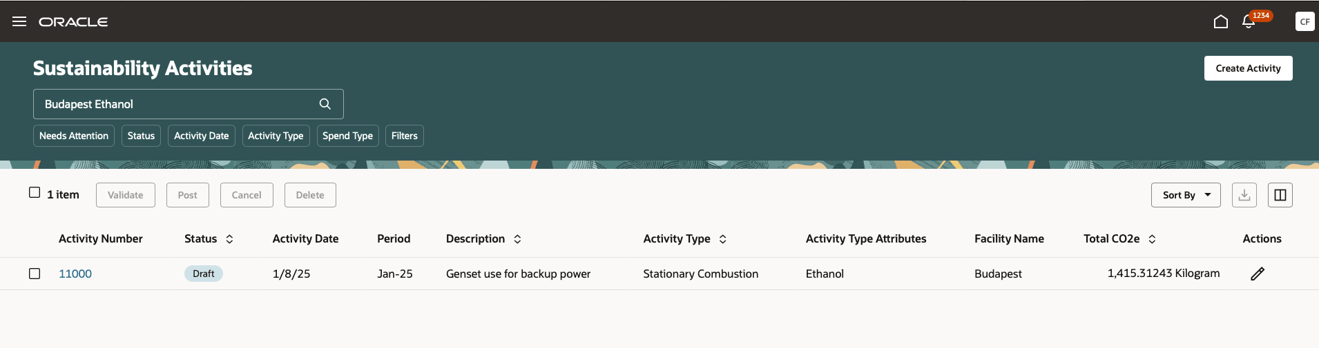 検索結果の列として追加されたアクティビティ・タイプ属性および「アクティビティ」付加フレックスフィールドのグローバル・セグメントに対するキーワード検索が表示された「サステナビリティ・アクティビティ」ページ