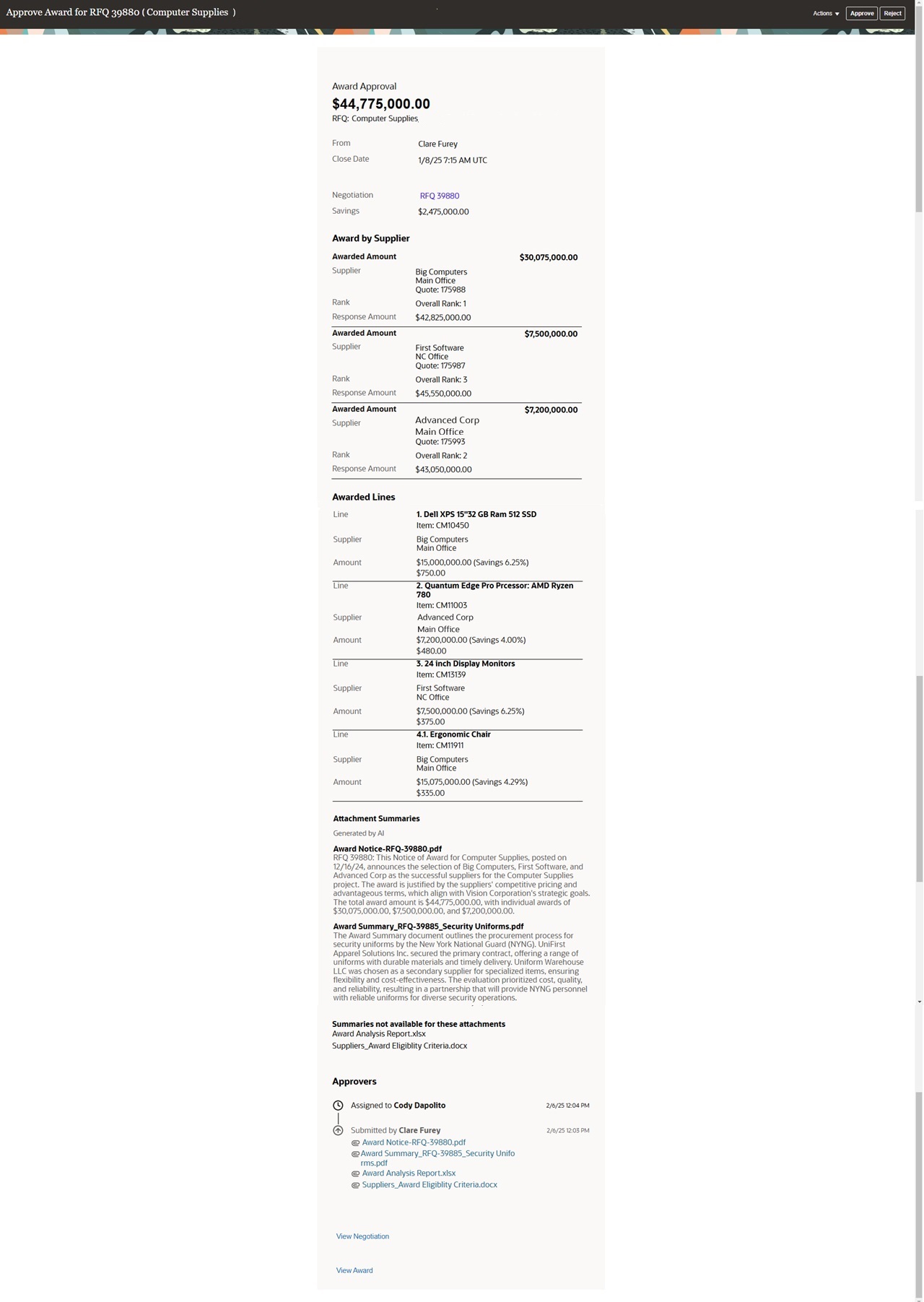 生成AIの要約を含むネゴシエーション落札承認通知