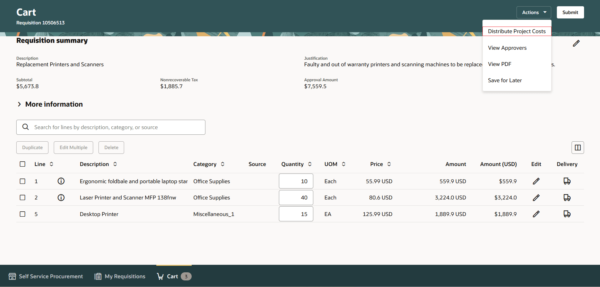ショッピング・カートの「プロジェクト・コストの配分」ボタン