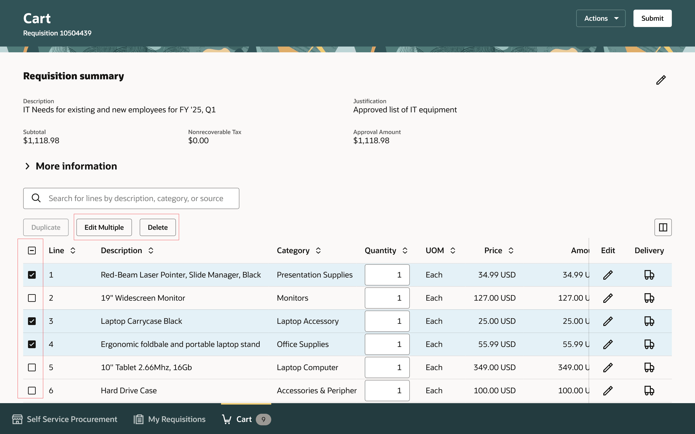「複数の編集」ボタンと複数の削除ボタンがあるショッピング・カート