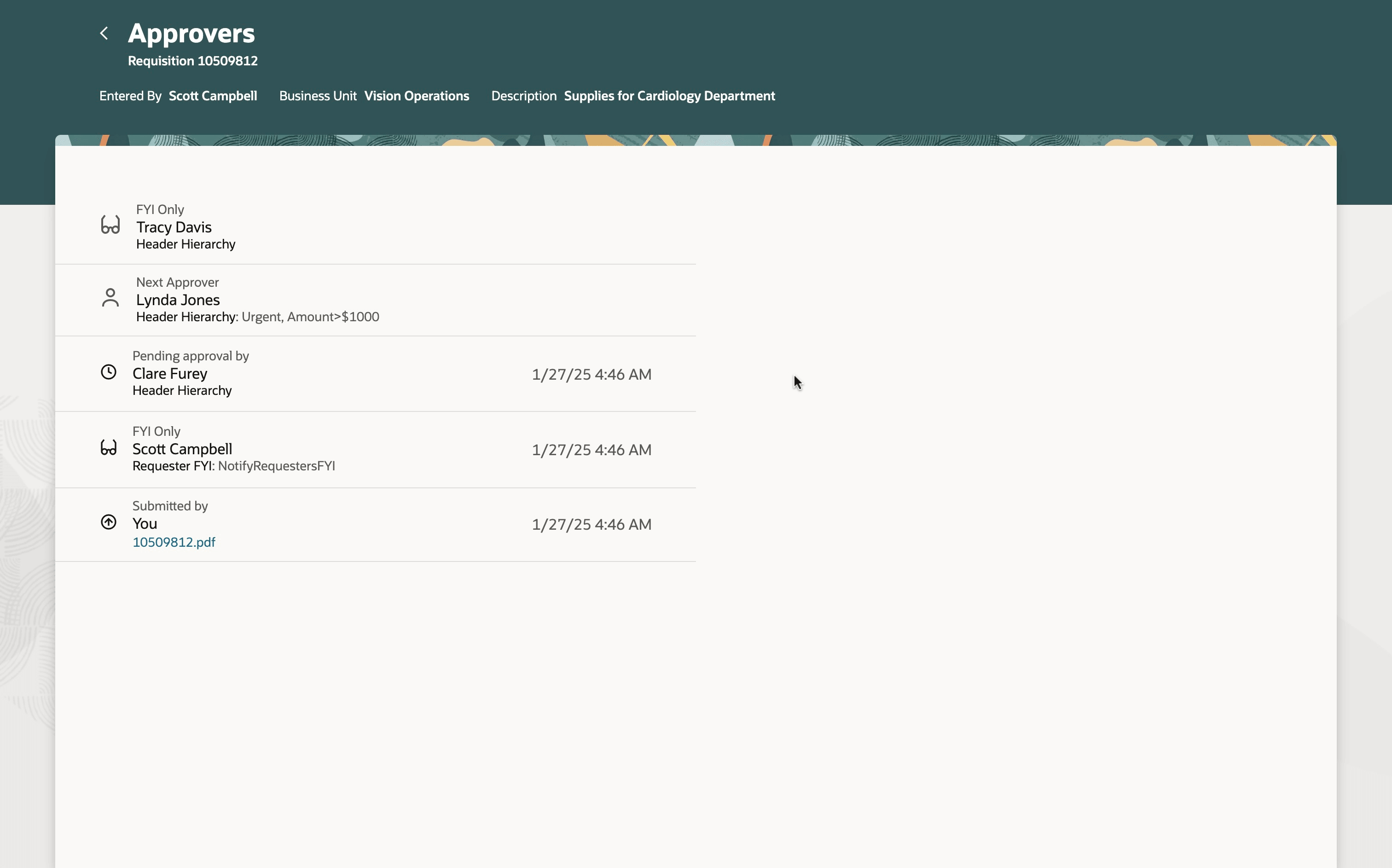 承認待ち購買依頼のFYI承認者およびルール名が表示された承認ステータス
