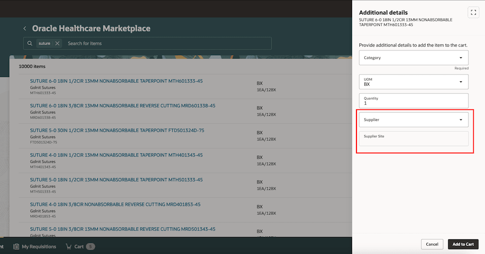 「カートに追加」ポップアップの「サプライヤ」および「サプライヤ・サイト」フィールド
