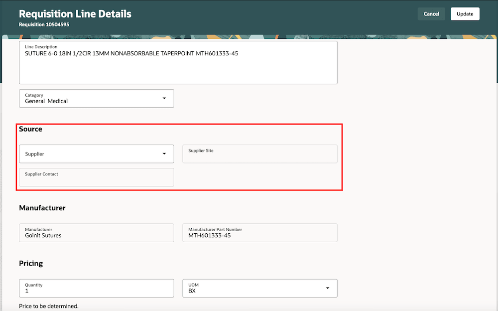 「明細の編集」ページの「サプライヤ」および「サプライヤ・サイト」フィールド