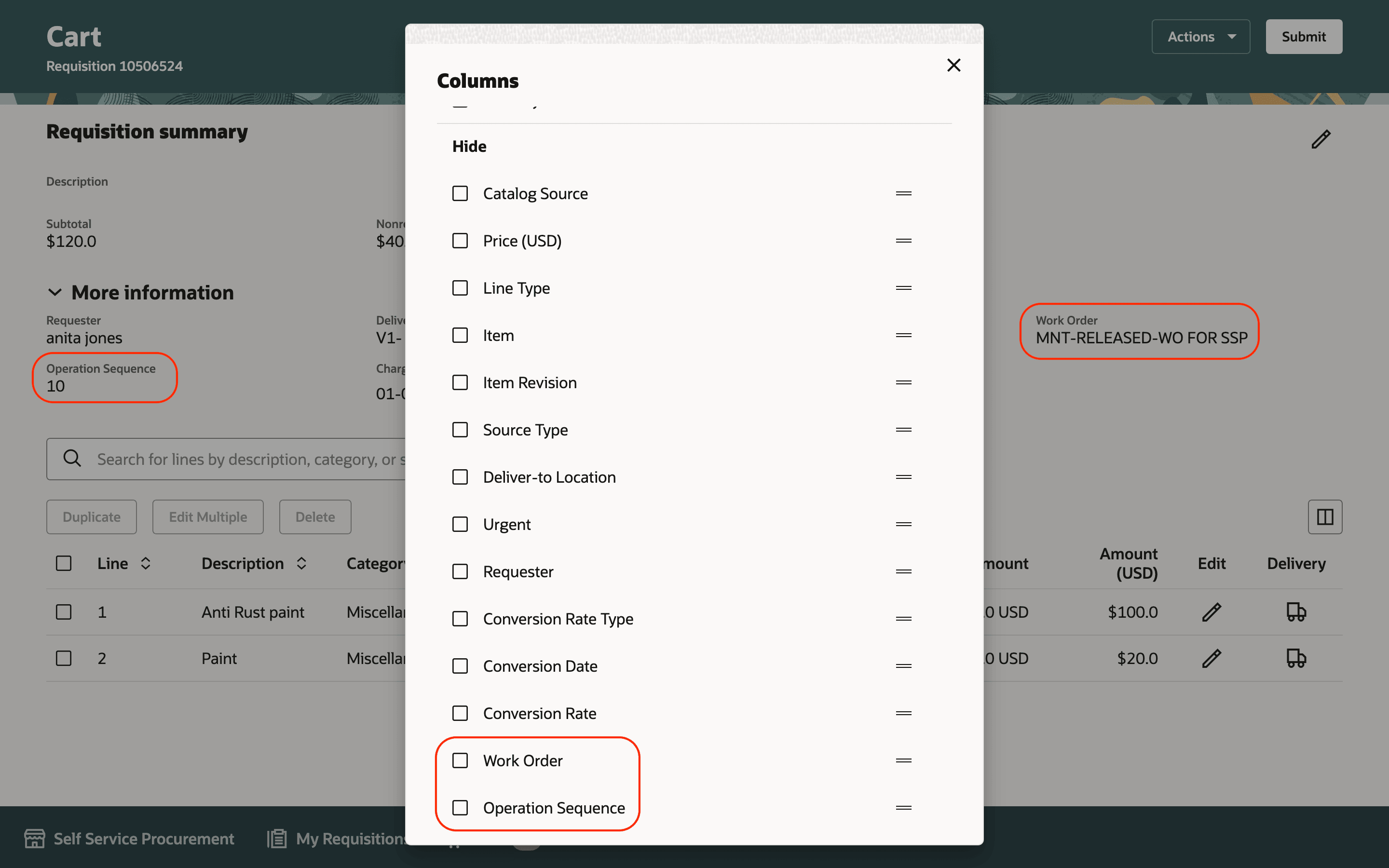 カート・ページに表示された作業オーダー詳細