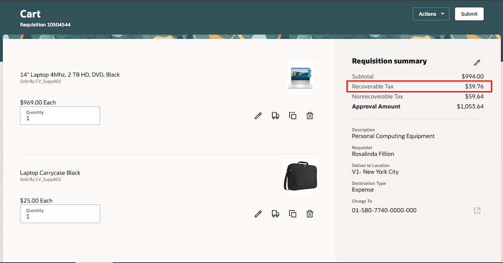 控除対象税が表示されたショッピング・カート(リスト・ビュー)