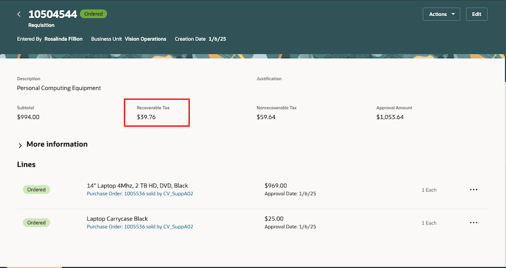 控除対象税が表示された購買依頼詳細ページ