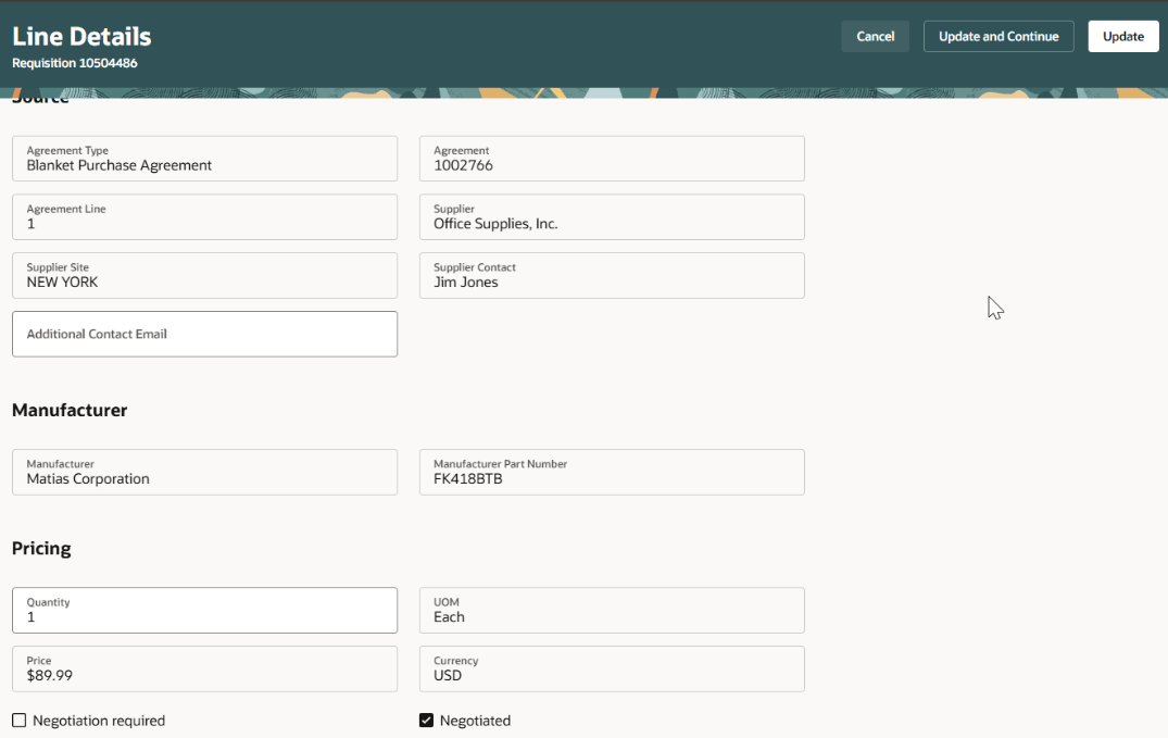 明細詳細のネゴシエーション必須およびネゴシエーション済属性