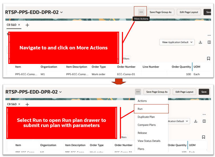 「プランの実行」ドロワーをオープンする実行処理の選択
