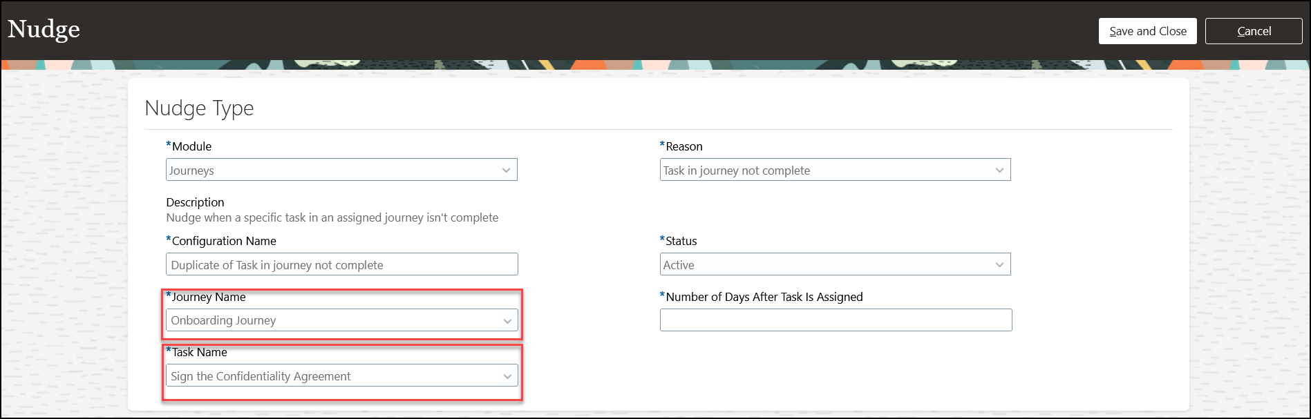 ナッジを構成するときに値リストからジャーニ名とタスク名を選択します