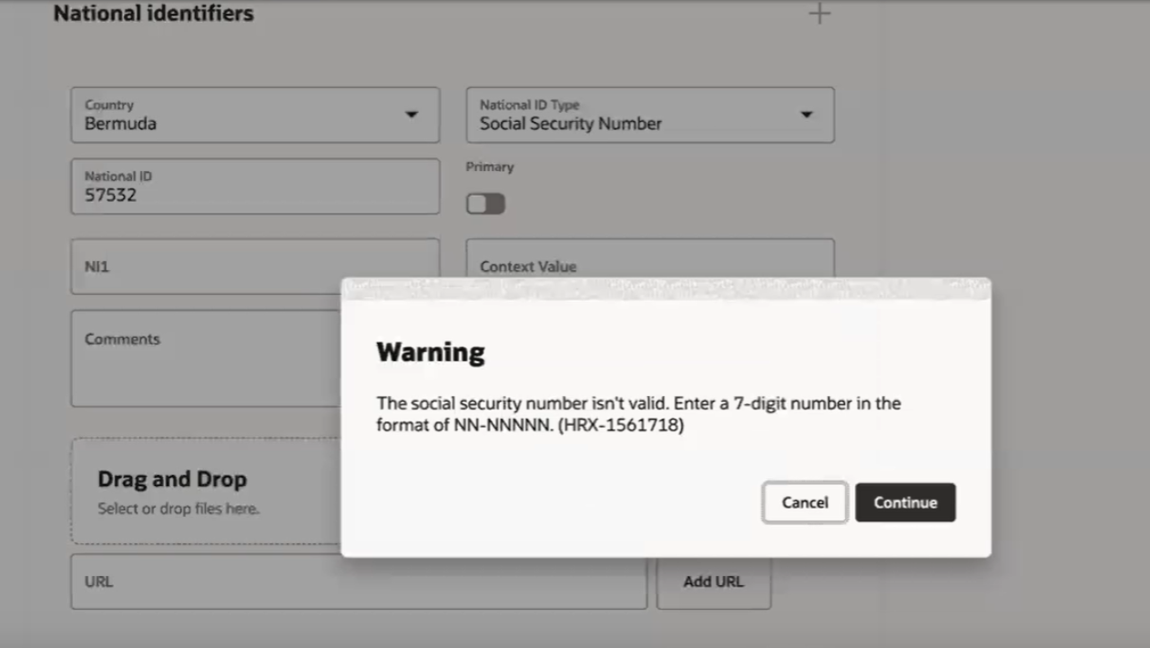 国別識別子の書式に関する警告メッセージ