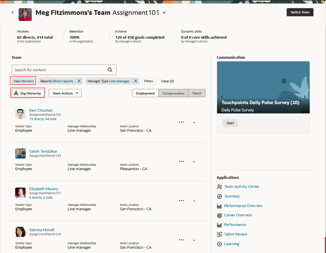 「チーム・アクティビティ・センター」ページの「組織階層」ボタン