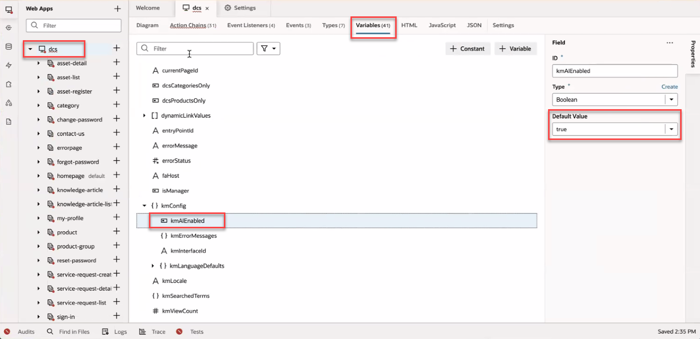 kmAIEnabled変数を変更してGen AIアンサーを有効にします