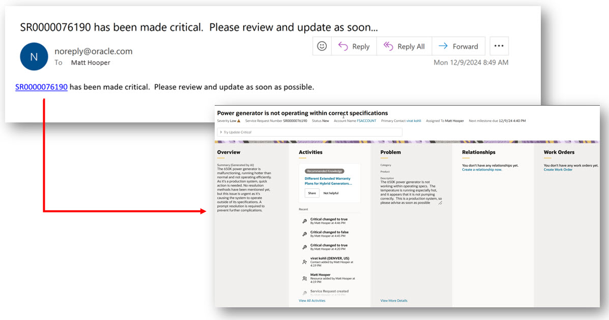 Redwoodユーザー・エクスペリエンスへのEメール通知ドリルからのリンク