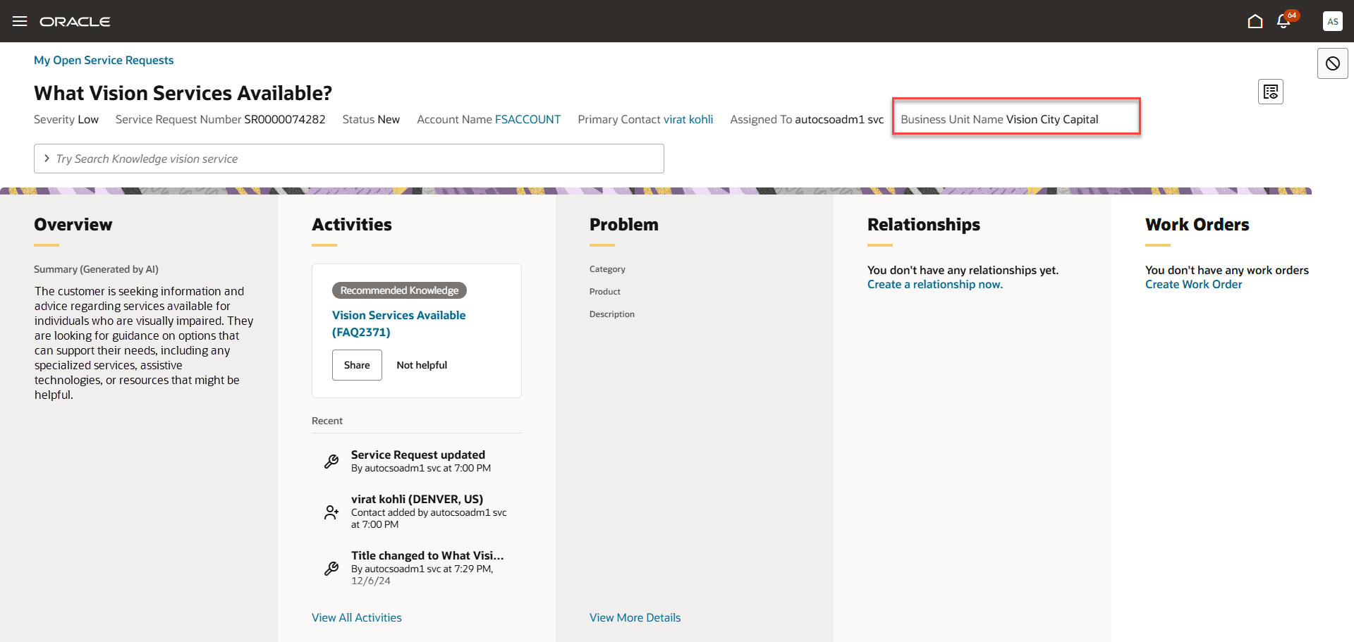 Redwoodサービス・リクエスト・レコードにスタンプされたビジネス・ユニット