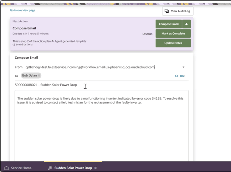 「Eメールの作成」パネルに移入されたAI解決エージェントの推奨事項