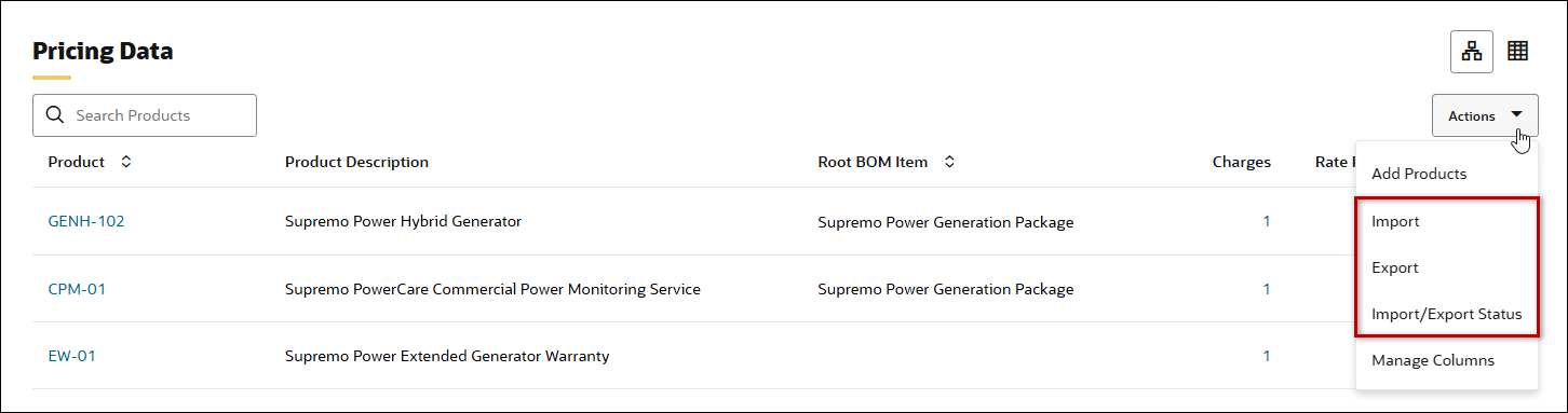 価格モデル処理のインポート/エクスポート