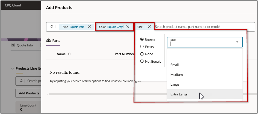 部品カスタム・フィールドを使用したフィルタ